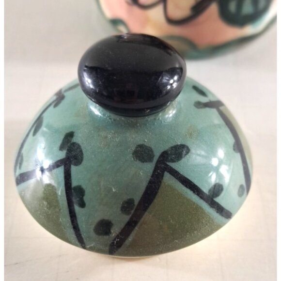 Kelly Jo Pottery Sugar Bowl Pink Green Hand Painted W Lid Floral Cactus - Picture 4 of 6